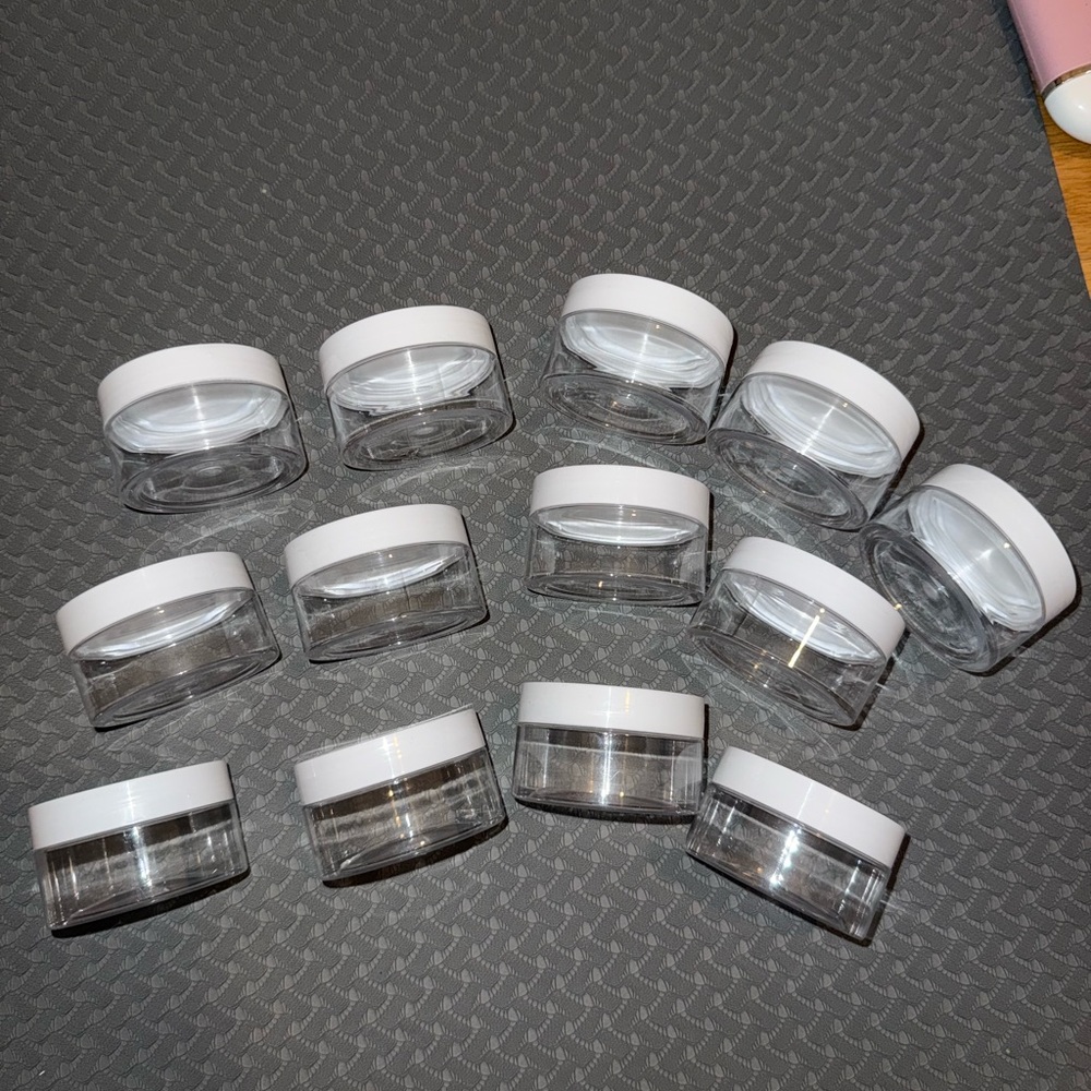 BRAND NEW!! 13 Clear Plastic Jars with White Lids
